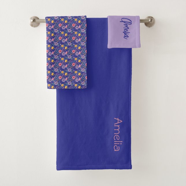 Blue lavender simple wildflower pattern name bath towel set (Insitu)
