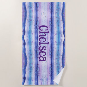 Blue Lavender White Watercolor Streaks-Monogrammed Beach Towel