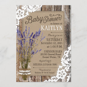 Blue Lavender Wood Lace Rustic Baby Shower Invitation