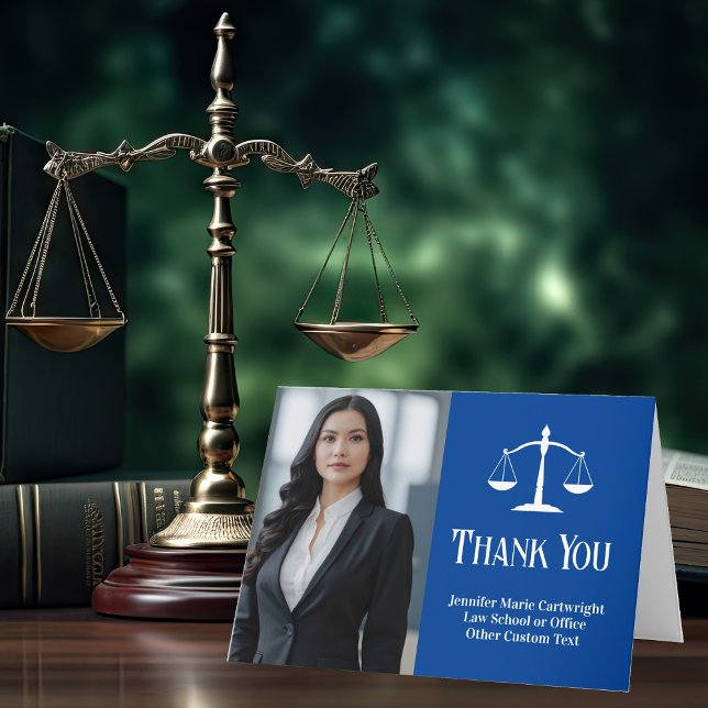 Blue Law School Graduation Photo Custom Lawyer Thank You Card (Creator Uploaded)