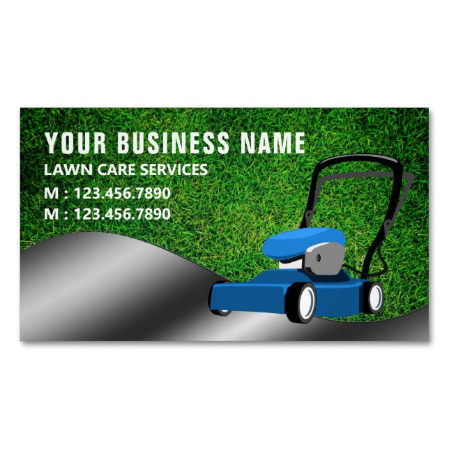 Blue Lawn Mower Gardening Service Grass Cutting Magnetic Business Card (Front)