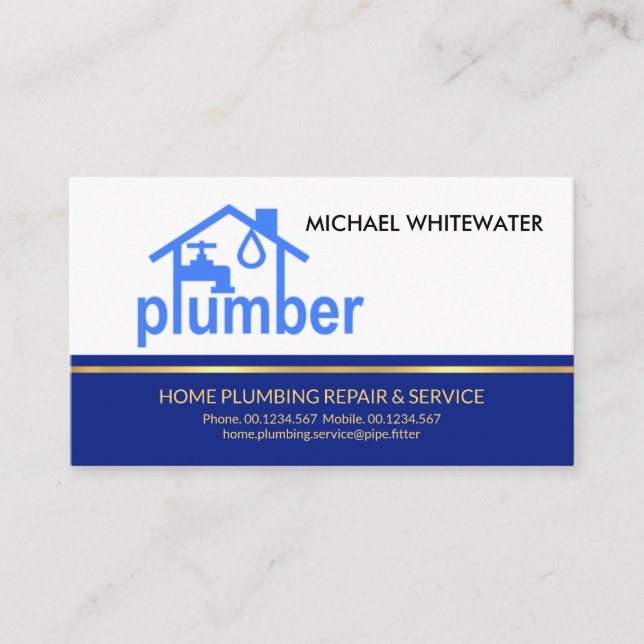 Blue Layer Gold Line Home Plumbing Business Card (Front)