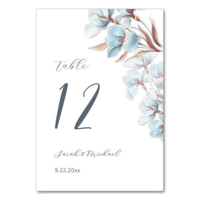 Blue Layered Flowers Wedding Table Number (Back)
