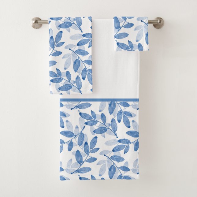 Blue Layered Watercolor Leaves Pattern Bath Towel Set (Insitu)