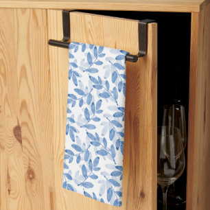 Blue Layered Watercolor Leaves Pattern Tea Towel