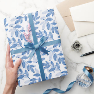 Blue Layered Watercolor Leaves Pattern     Wrapping Paper