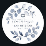 Blue Leaf Bar Mitzvah Classic Round Sticker<br><div class="desc">Beautiful hand painted watercolor design featuring a soft blue leaf wreath and Star of David.</div>