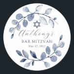 Blue Leaf Bar Mitzvah Classic Round Sticker<br><div class="desc">Beautiful hand painted watercolor design featuring a soft blue leaf wreath and Star of David.</div>