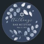 Blue Leaf Bar Mitzvah Classic Round Sticker<br><div class="desc">Beautiful hand painted watercolor design featuring a soft blue leaf wreath and Star of David.</div>