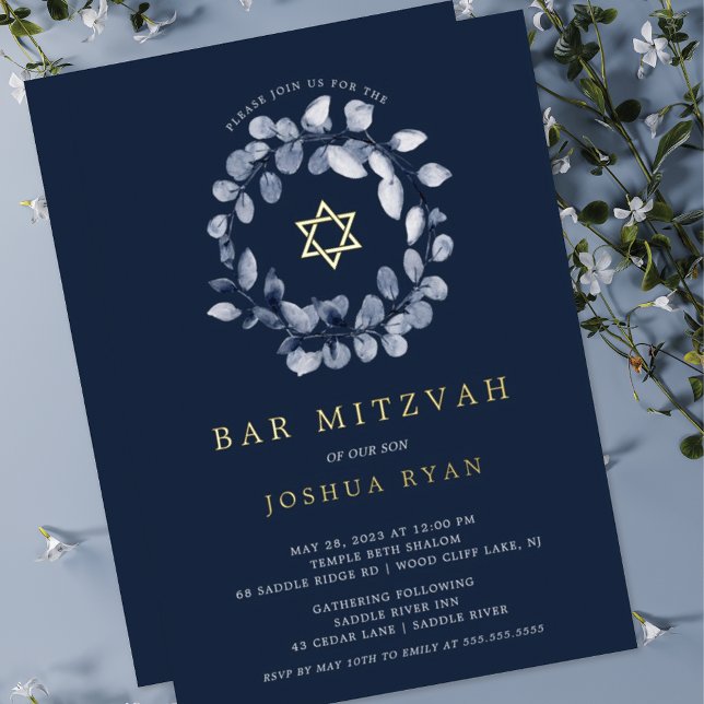 Blue Leaf Bat Mitsvah Foil Invitation (Creator Uploaded)