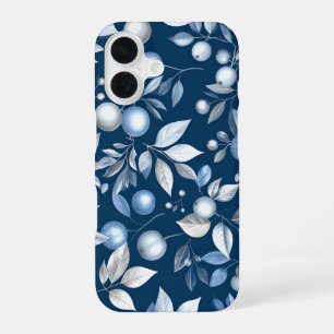 Blue Leaf Berry Pattern iPhone 16 Case
