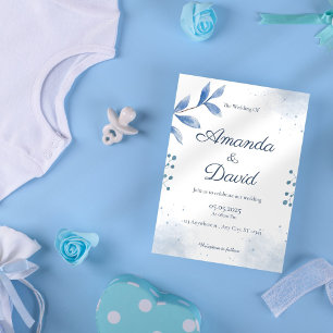 Blue Leaf Blush Colour Simple and Elegant Wedding Invitation