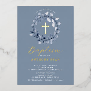 Blue Leaf Boys Baptism Foil Invitation