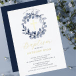 Blue Leaf Boys Baptism Foil Invitation<br><div class="desc">Beautiful Gold Foil Baptism invitations featuring a soft blue leaf wreath and cross set on a white background.  Flip our invitation over to view a coordinating back for an extra special touch.  Visit our shop to view our entire leaf collection.</div>
