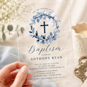 Blue Leaf Boys Baptism Invitation