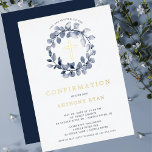 Blue Leaf Boys Confirmation Foil Invitation<br><div class="desc">Beautiful Gold Foil Confirmation invitations featuring a soft blue leaf wreath and cross set on a white background.  Flip our invitation over to view a coordinating back for an extra special touch.  Visit our shop to view our entire leaf collection.</div>