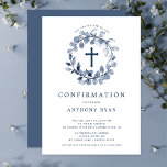 Blue Leaf Boys Confirmation Invitation<br><div class="desc">Beautiful Confirmation invitations featuring a soft blue leaf wreath and cross set on a white background.  Flip our invitation over to view a coordinating back for an extra special touch.  Visit our shop to view our entire leaf collection.</div>