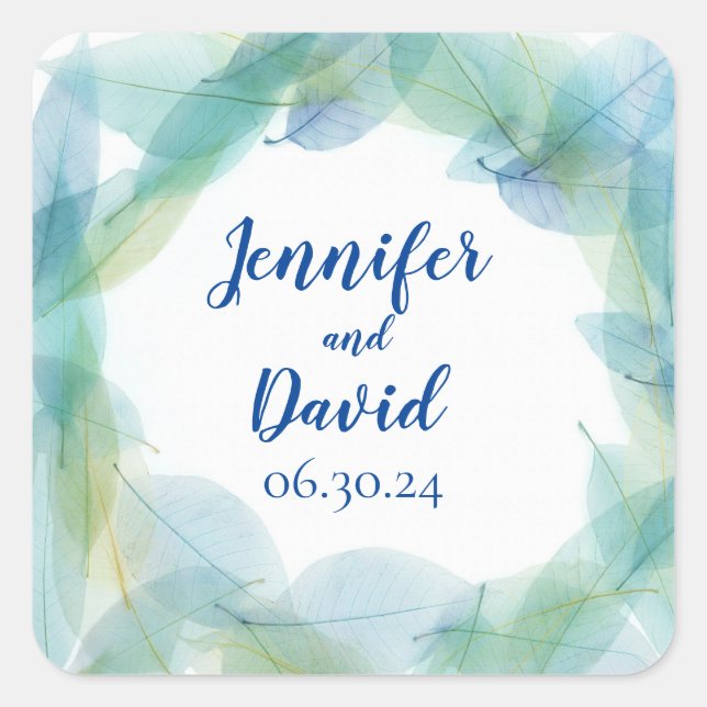 Blue Leaf Design Personalised Wedding Stickers (Front)