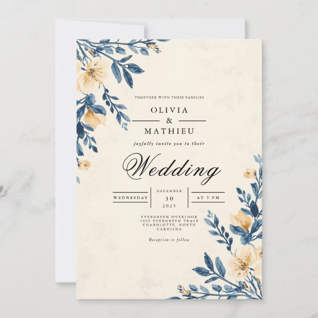 Blue Leaf Floral Wash Wedding Invitation (Front)