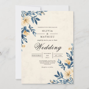 Blue Leaf Floral Wash Wedding Invitation