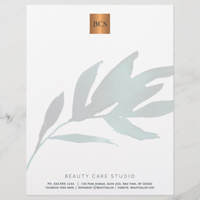 Blue leaf metallic gold copper monogrammed personalized letterhead (Front)