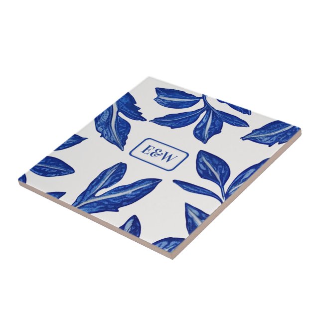 Blue Leaf Motif on White for Couple - Traditional Ceramic Tile (Side)