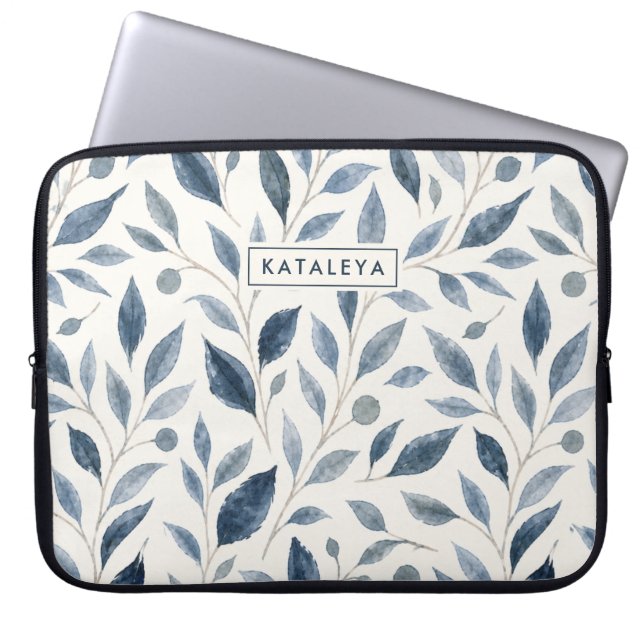 Blue Leaf Personalised Elegant Custom Laptop Sleeve (Front)
