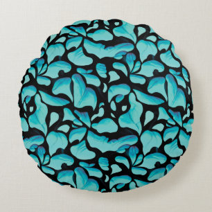 Blue Leaf Repeating Pattern Round Cushion