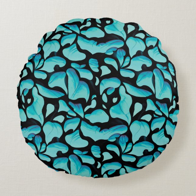 Blue Leaf Repeating Pattern Round Cushion (Front)