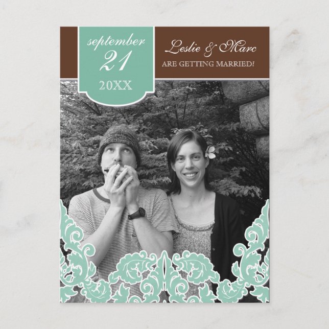 Blue Leaf Swirl Damask 2 Save the Date Announcement Postcard (Front)