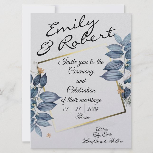 Blue Leaf Wedding Invitations  (Front)