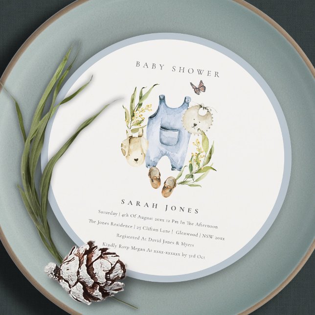 Blue Leafy Foliage Boy Clothes Baby Shower Invite (Creator Uploaded)