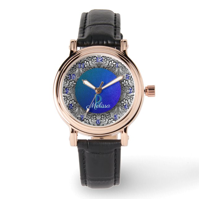 Blue Leather and black lace chic monogrammed Watch (Front)