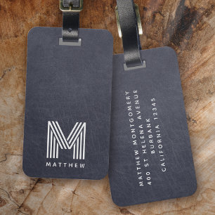 Blue Leather Bold Monogram Masculine Luggage Tag