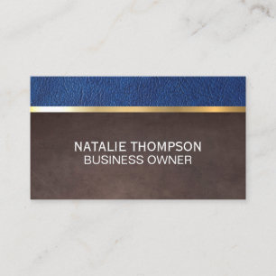 Blue Leather Brown Texture Gold Metallic Trim Business Card