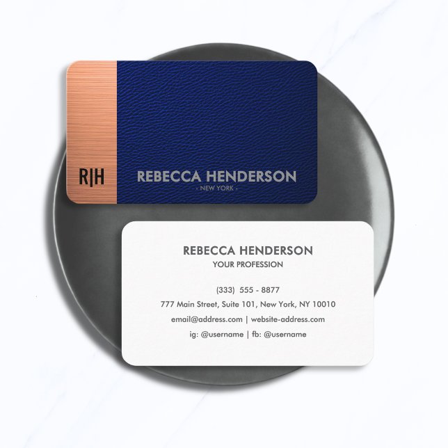 Blue Leather & Copper with White Back Monogram Business Card (Creator Uploaded)