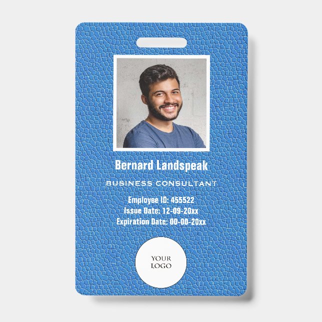 Blue Leather & Employee Photo & Logo ID Badge (Front)