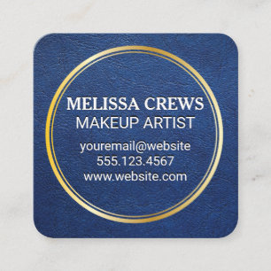 Blue Leather   Gold Metallic Ring Square Business Card