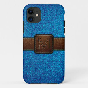 blue leather look brown tag iPhone 11 case
