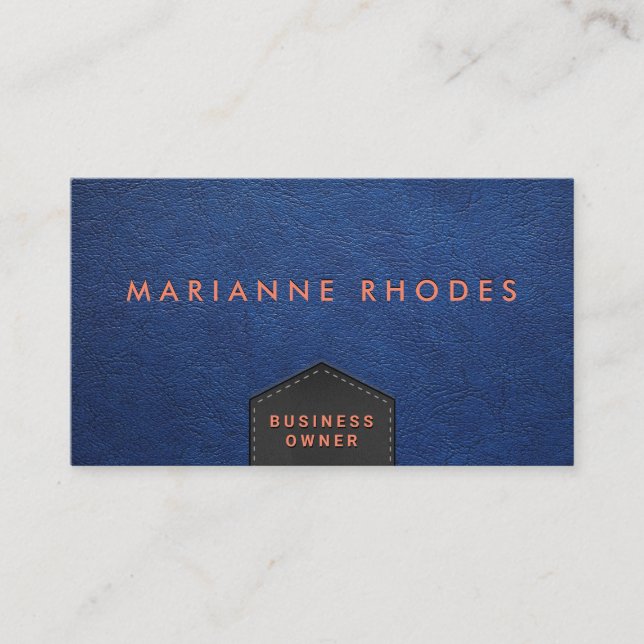 Blue Leather Stitched Flap | Embossed Lettering Business Card (Front)