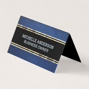 Blue Leather Texture Gold Trim Metallic Foil Business Card