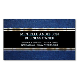 Blue Leather Texture Gold Trim Metallic Foil Magnetic Business Card