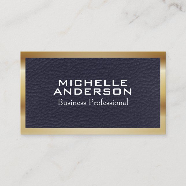 Blue Leather Texture | Metallic Border Business Card (Front)