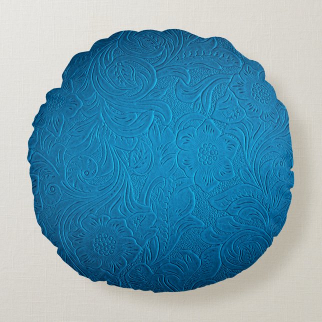 Blue leather texture round cushion (Front)