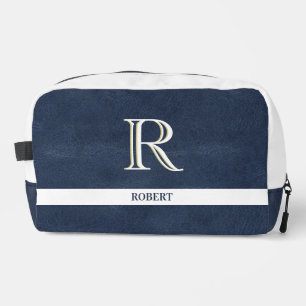 Blue Leather Texture White Monogram Name  Dopp Kit