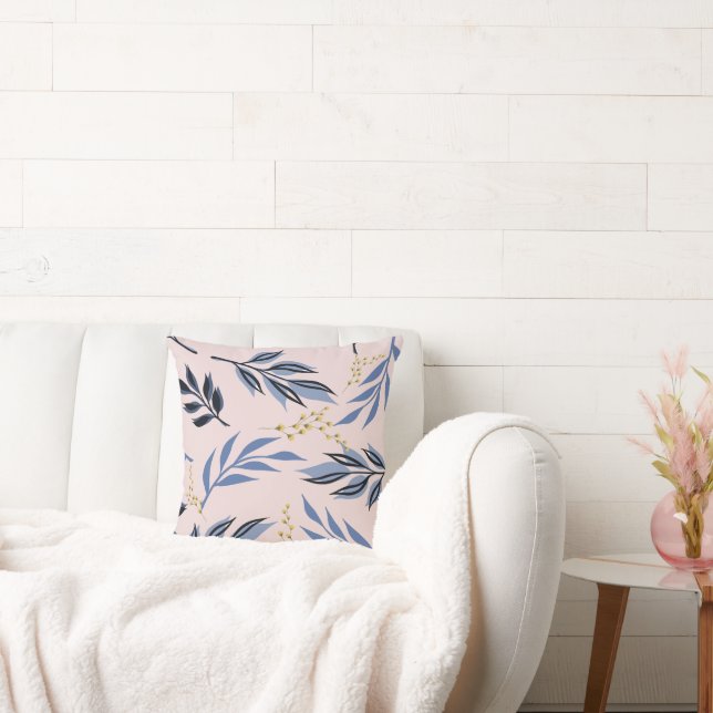 BLUE LEAVES ABSTRACT AND YELLOW FLOWER PRINT  CUSHION (Couch)