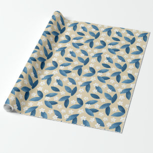 Blue Leaves and White Flowers on Beige Background Wrapping Paper