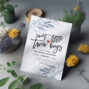 Blue Leaves Baby Shower Sweet Little Twin Boys Invitation