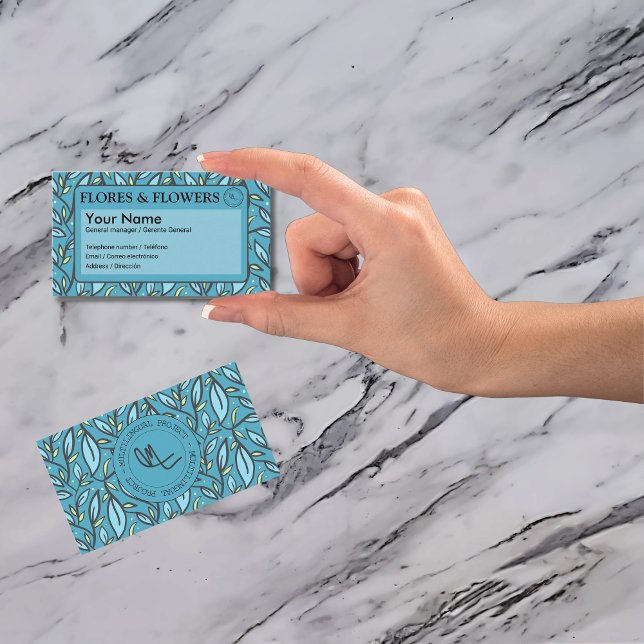 Blue Leaves Bilingual  Business Card (Turquoise Bilingual business card, personalized text, Spanish tarjeta comercial multilingual project)
