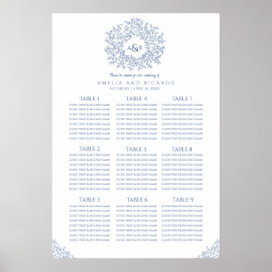 Blue leaves circle wedding seating chart poster